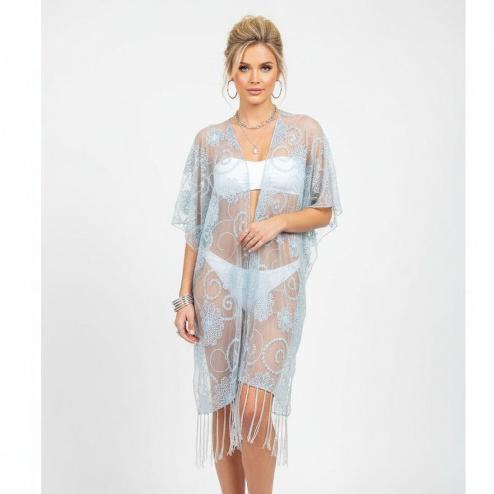 Crosstree Lane Gray Sheer Fringe Embroidered Floral Open Front Swim Cover Up